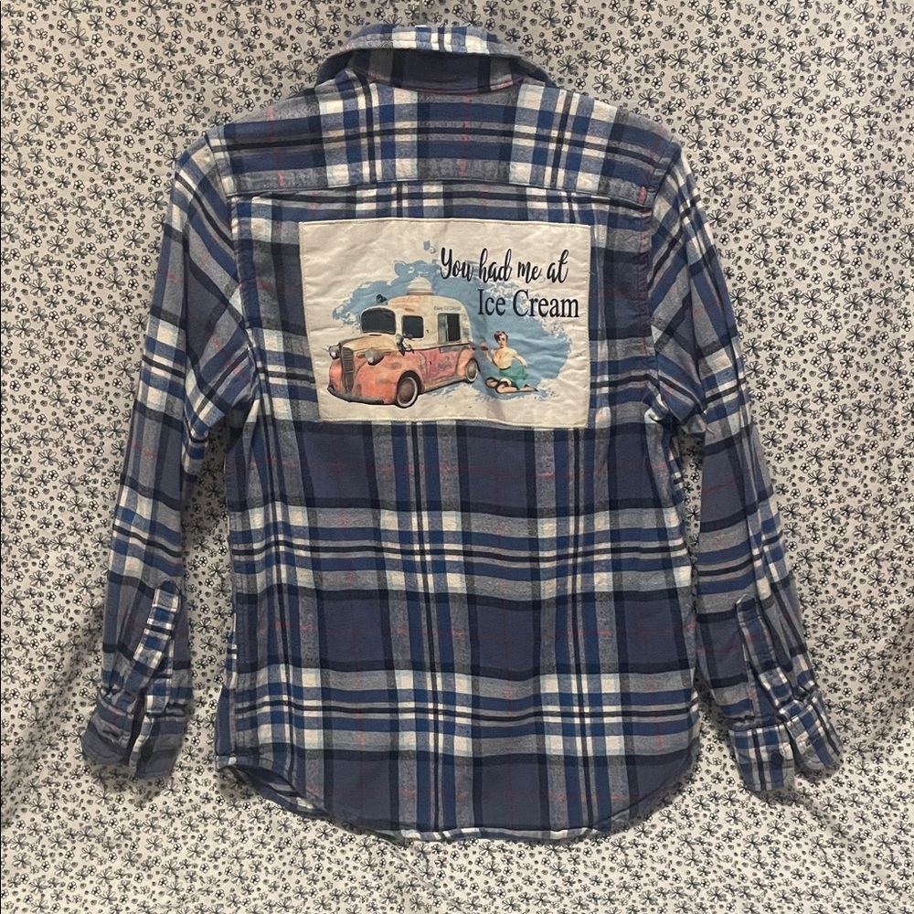 Plaid womens Button Down Shirt with Ice Cream Design